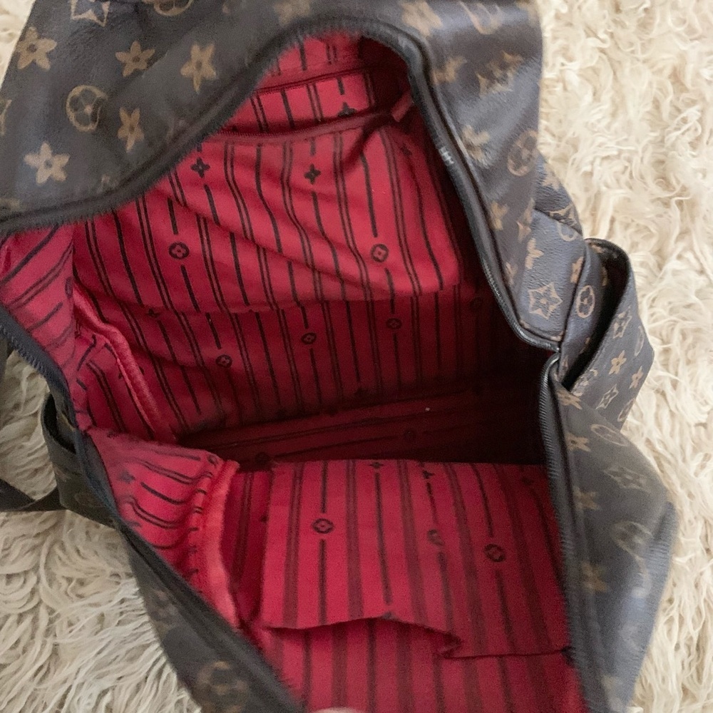 Backpack Brown & Tan Exterior Canvas & Red Inside Lining Gold Hardware - Picture 10 of 16